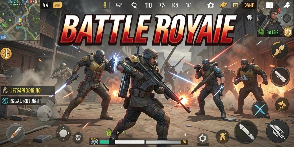 Screenshot gameplay 34R menampilkan aksi bertahan hidup Battle Royale.