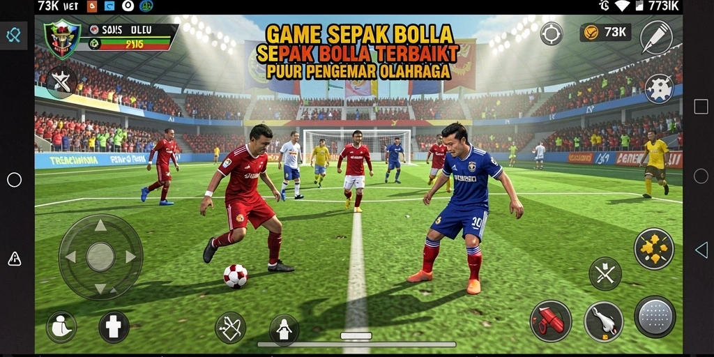 Tangkapan layar utama 73K menampilkan aksi seru di lapangan sepak bola.