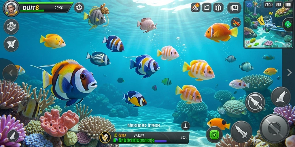 Tampilan gameplay seru dalam DUIT8, menembak ikan dengan grafis menarik.