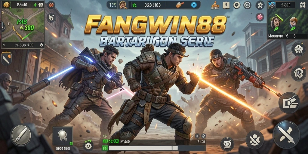 Screenshot menampilkan pertempuran seru di FANGWIN88 Battle Royale.