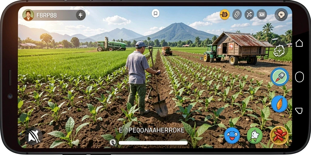 Tangkapan layar gameplay FBRP88 yang menampilkan suasana pertanian yang menawan.