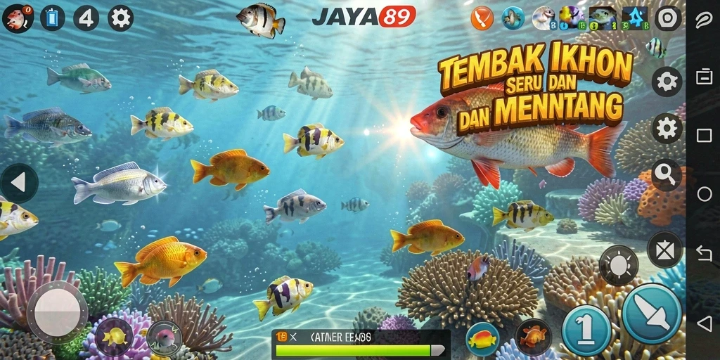 Screenshot gameplay JAYA89 dengan berbagai ikan berwarna-warni di layar.