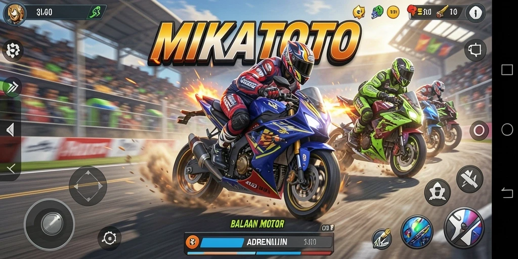 Tampilan gameplay MIKATOTO yang seru dalam balapan motor.