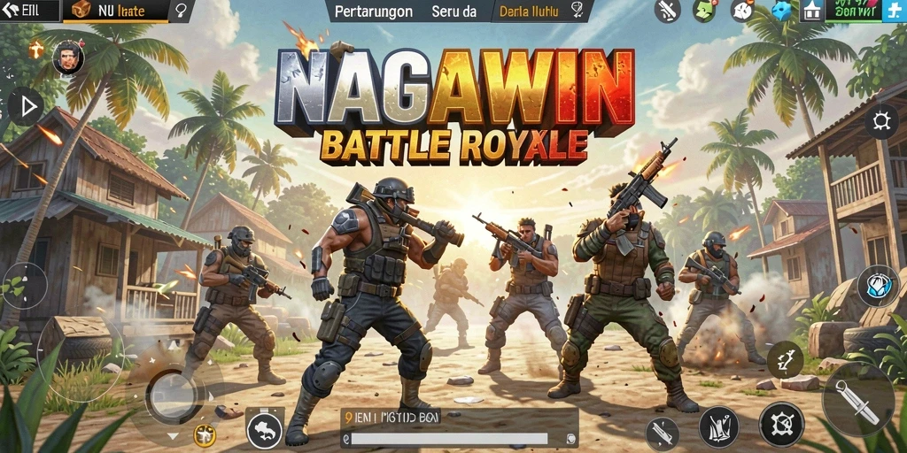 Tangkapan layar gameplay NAGAWIN yang menampilkan aksi Battle Royale yang intens.