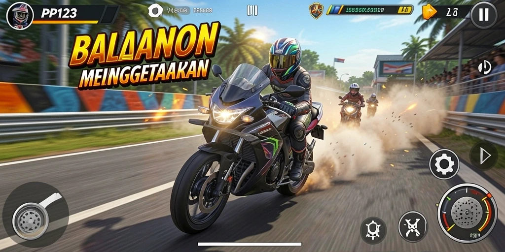 Gameplay seru saat balapan motor di trek menantang.