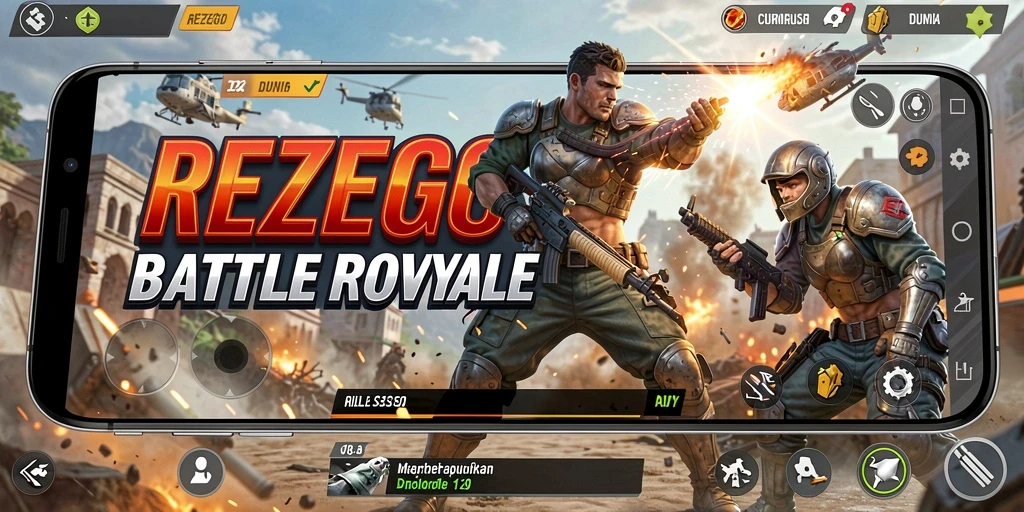 Screenshot utama REZEGO menampilkan aksi pertarungan seru di arena Battle Royale.