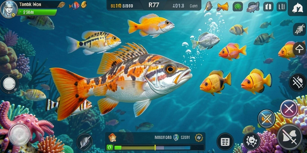 Screenshot gameplay RK77 yang menunjukkan aksi menembak ikan.