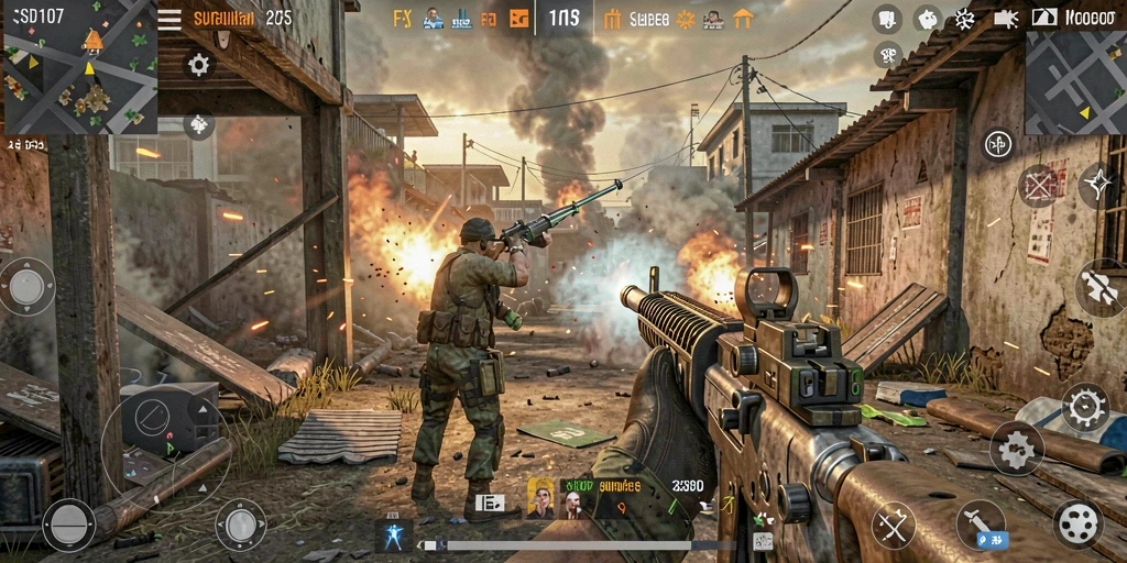 Screenshot gameplay SD107 menampilkan aksi tembak-menembak yang intens.