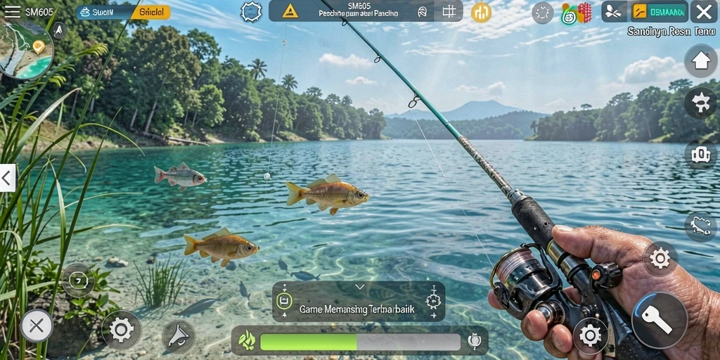 Screenshot menampilkan pemain menangkap ikan di laut biru yang indah.