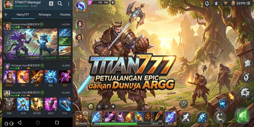 Tampilan screenshot utama TITAN777 yang menampilkan pertarungan mendebarkan di dunia fantasi.