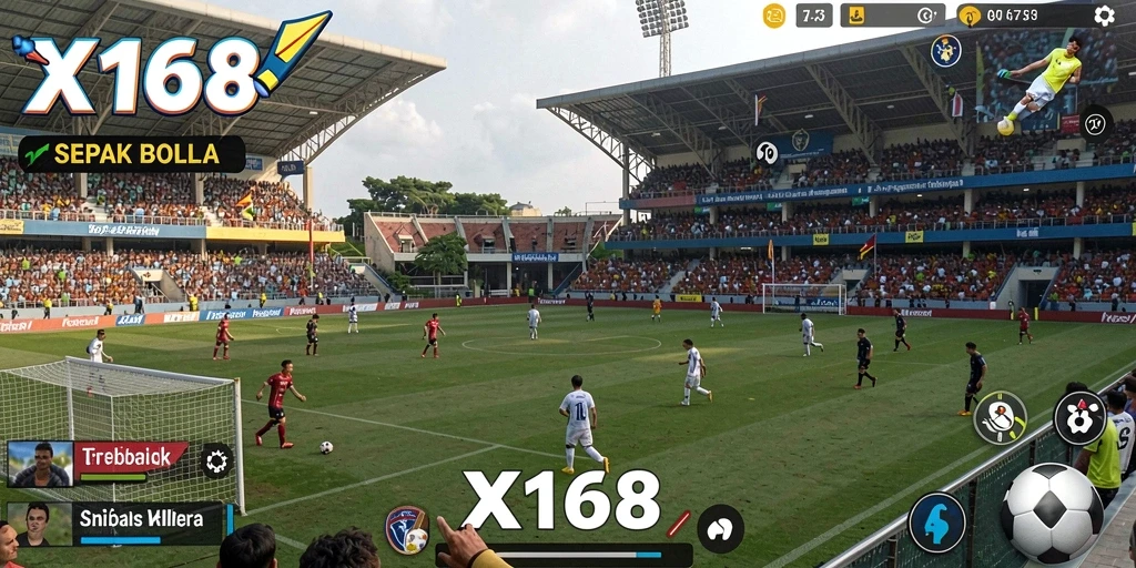 Screenshot X168 memperlihatkan aksi seru dalam permainan sepak bola.